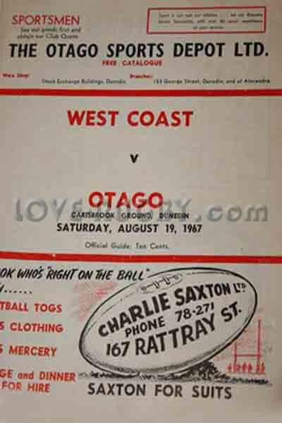 1967 Otago v West Coast (NZ)  Rugby Programme
